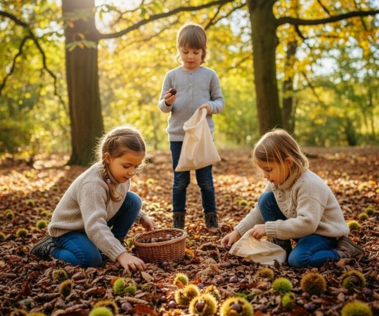 dzieci zbierające kasztany